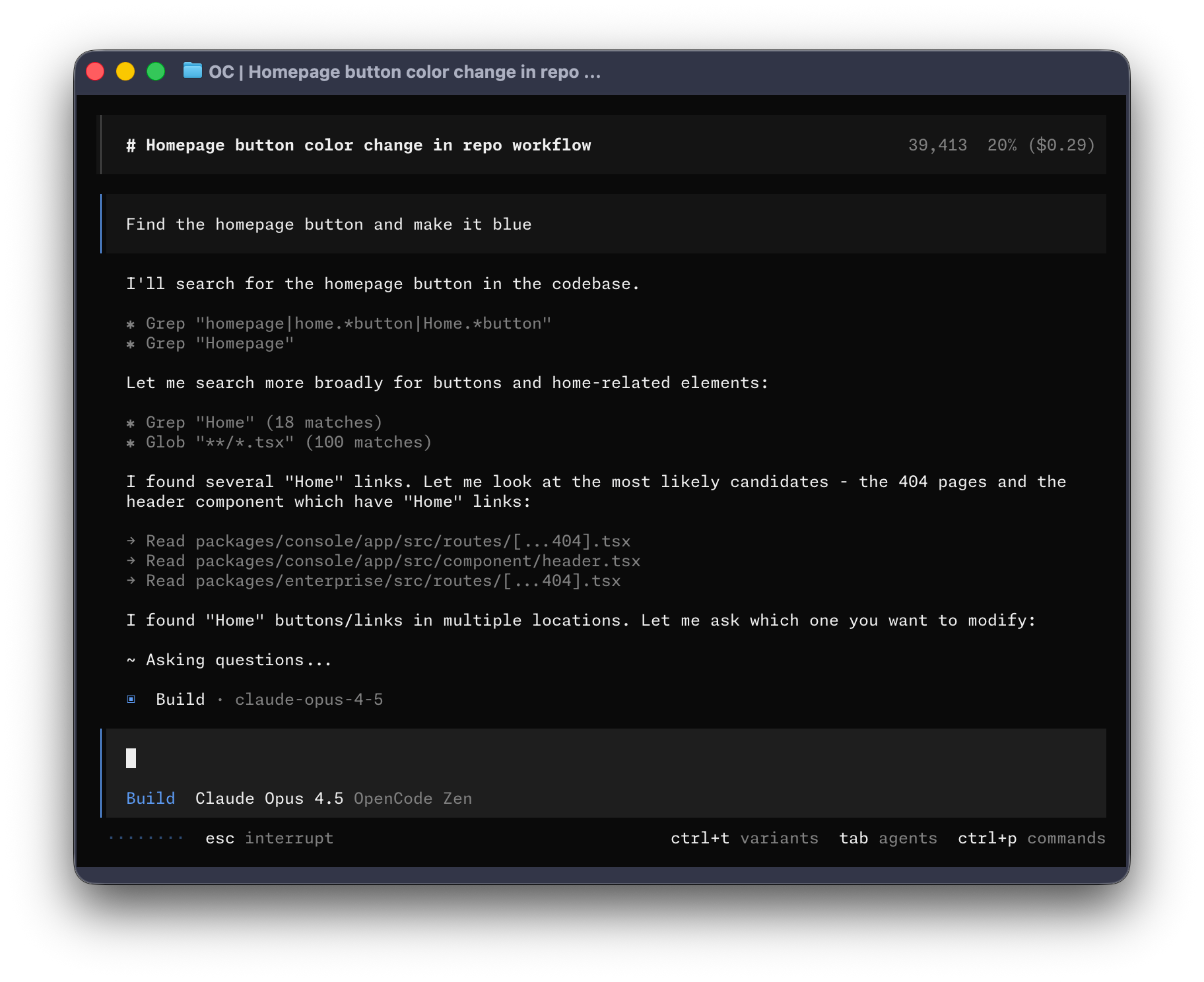 OpenCode TUI with the opencode theme